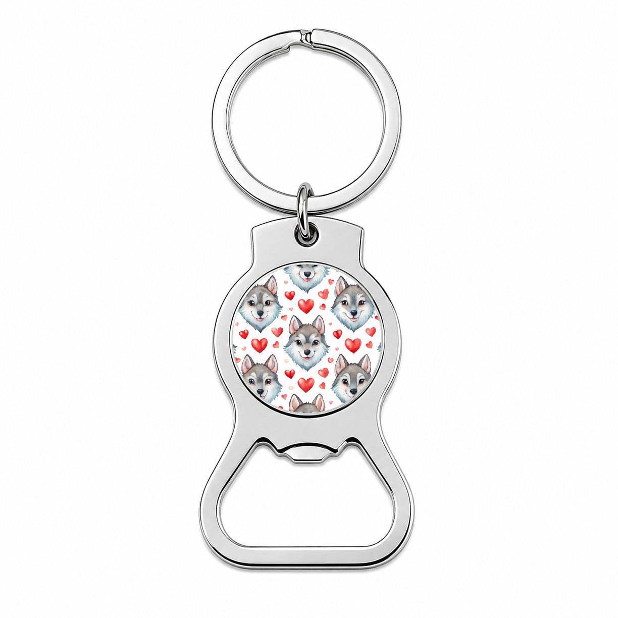 Cute Wolf Faces Hearts Watercolor Bottle Opener Keychain