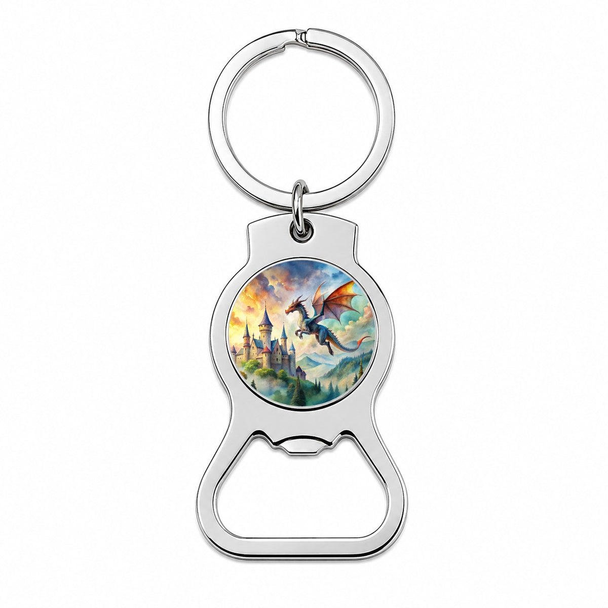 Dragon Flying Over Castle Watercolor Fantasy Bottle Opener Keychain