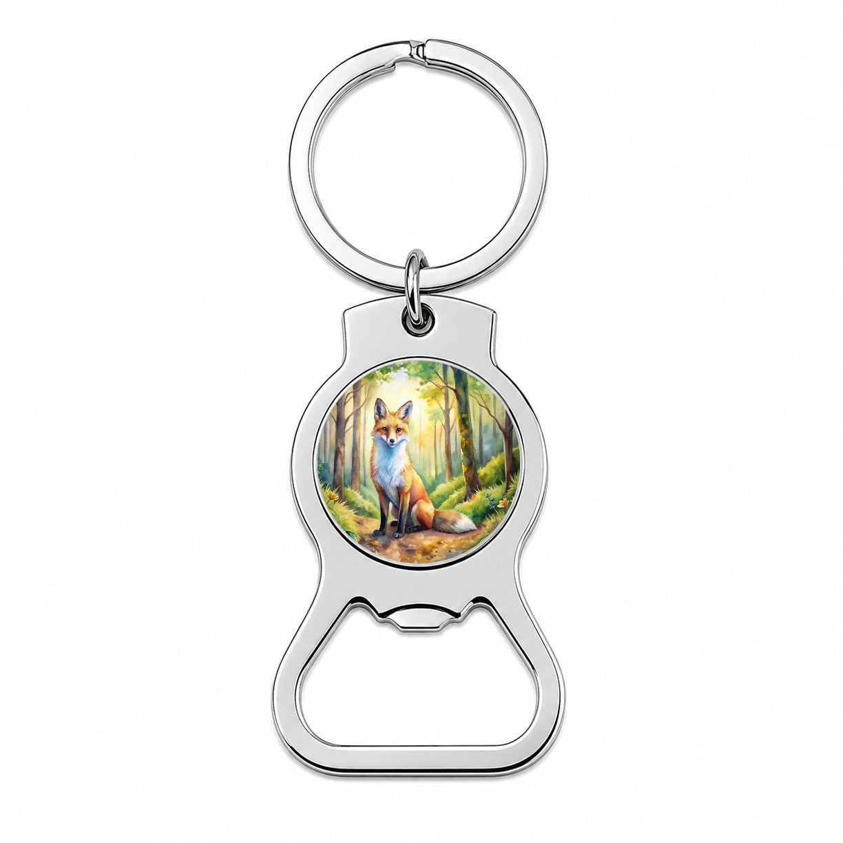 Fox Sitting In Forest Watercolor Bottle Opener Keychain