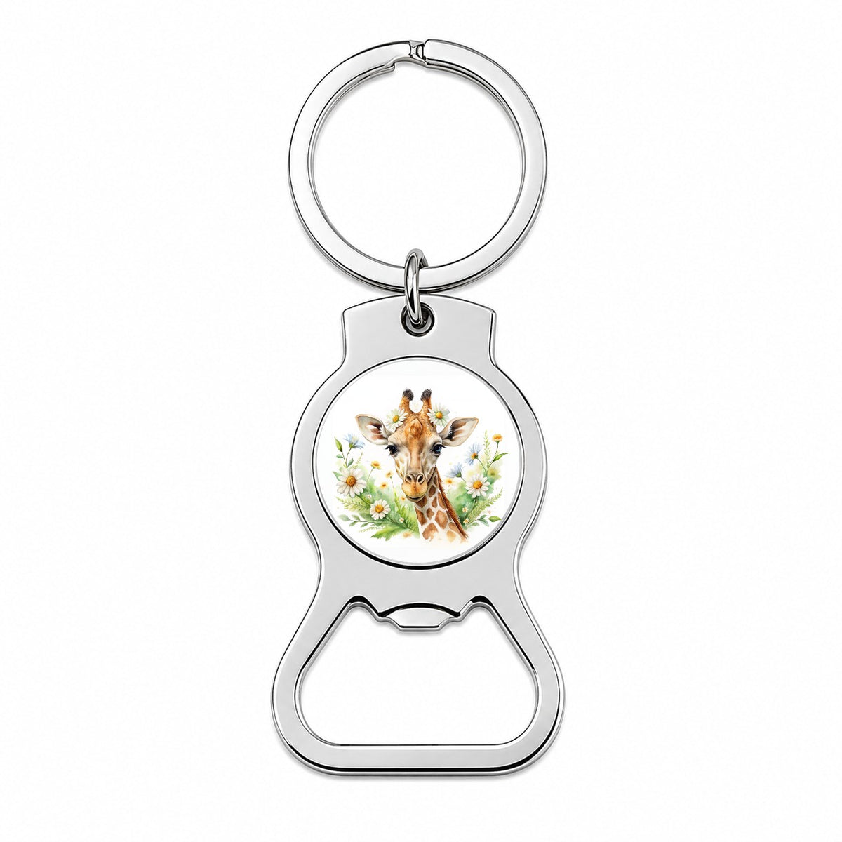 Giraffe Watercolor Design With Daisies Bottle Opener Keychain