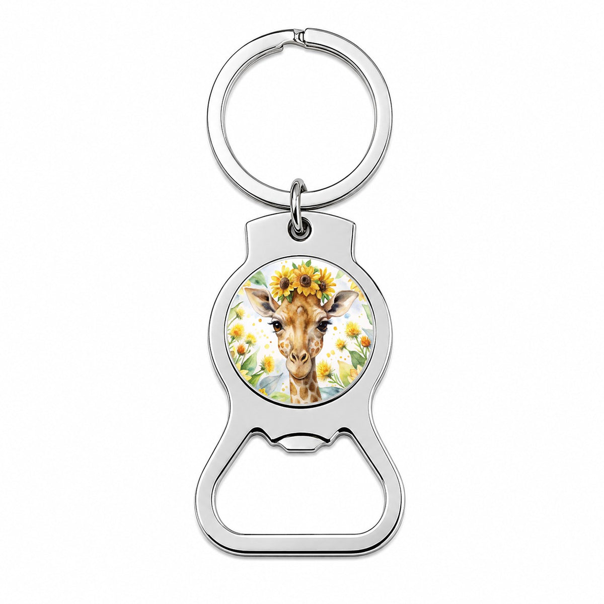 Giraffe Watercolor Design With Sunflowers Bottle Opener Keychain
