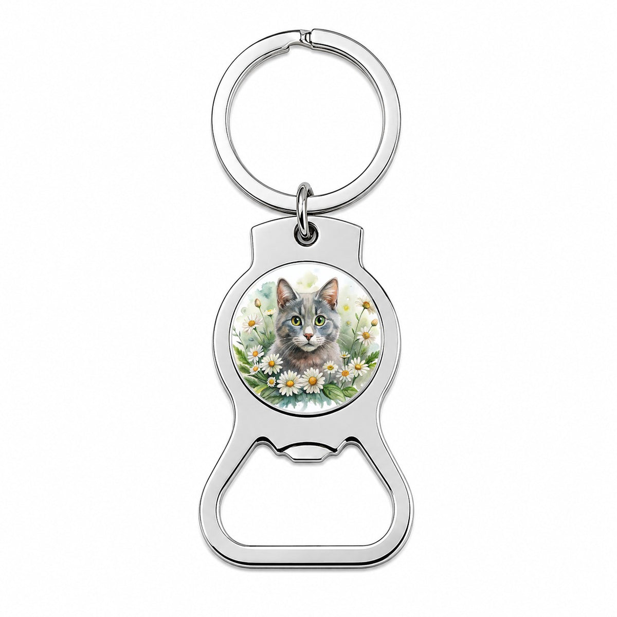 Gray Cat Watercolor Design With Daisies Bottle Opener Keychain