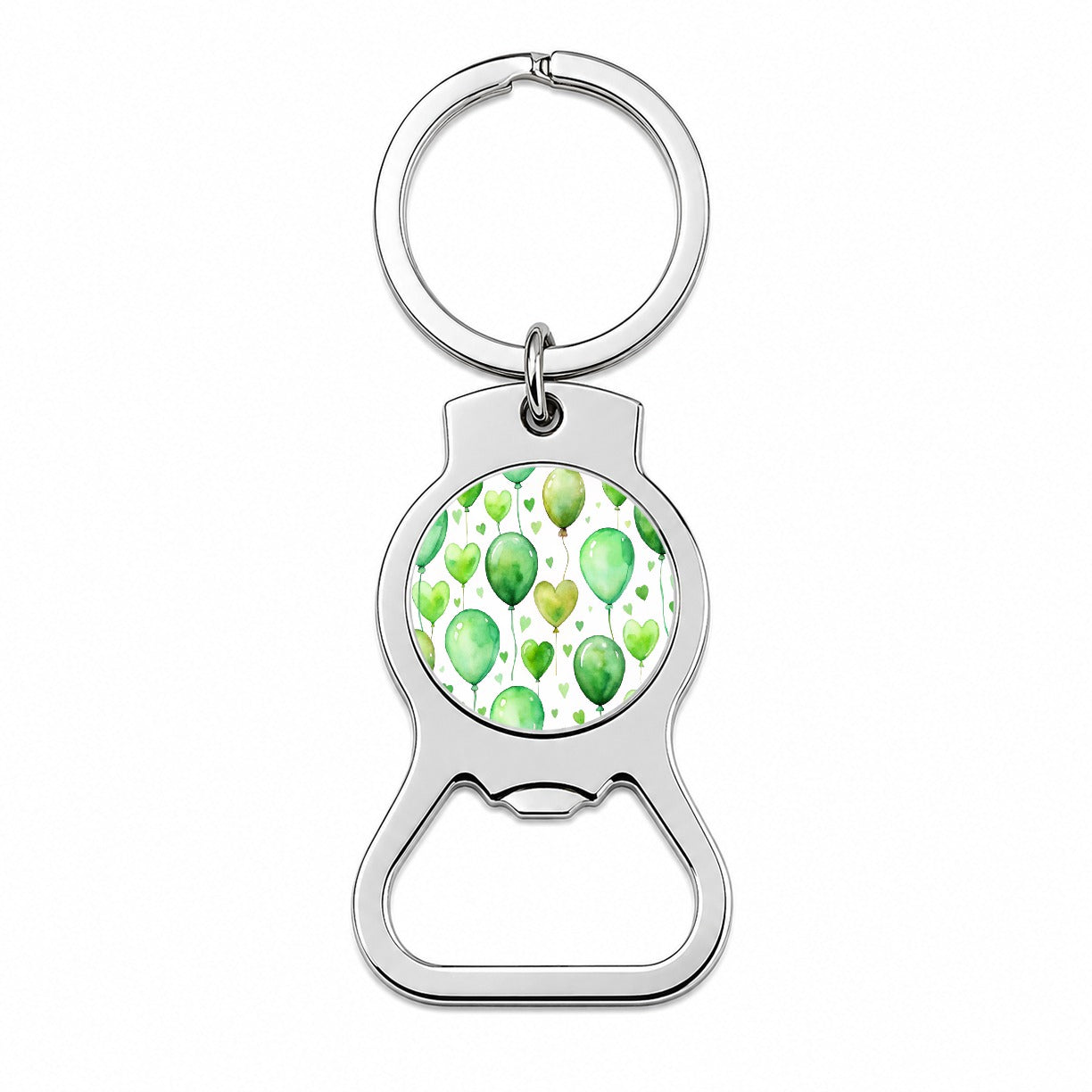Green Balloons Hearts Watercolor Birthday Bottle Opener Keychain