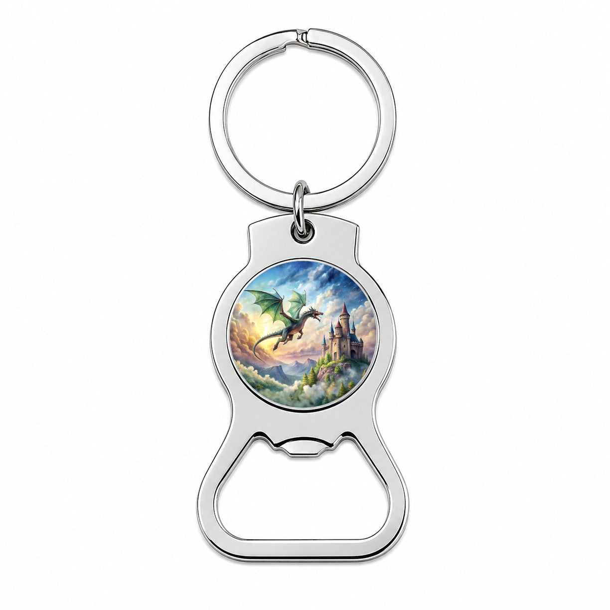 Green Dragon Flying Over Castle Watercolor Fantasy Bottle Opener Keychain