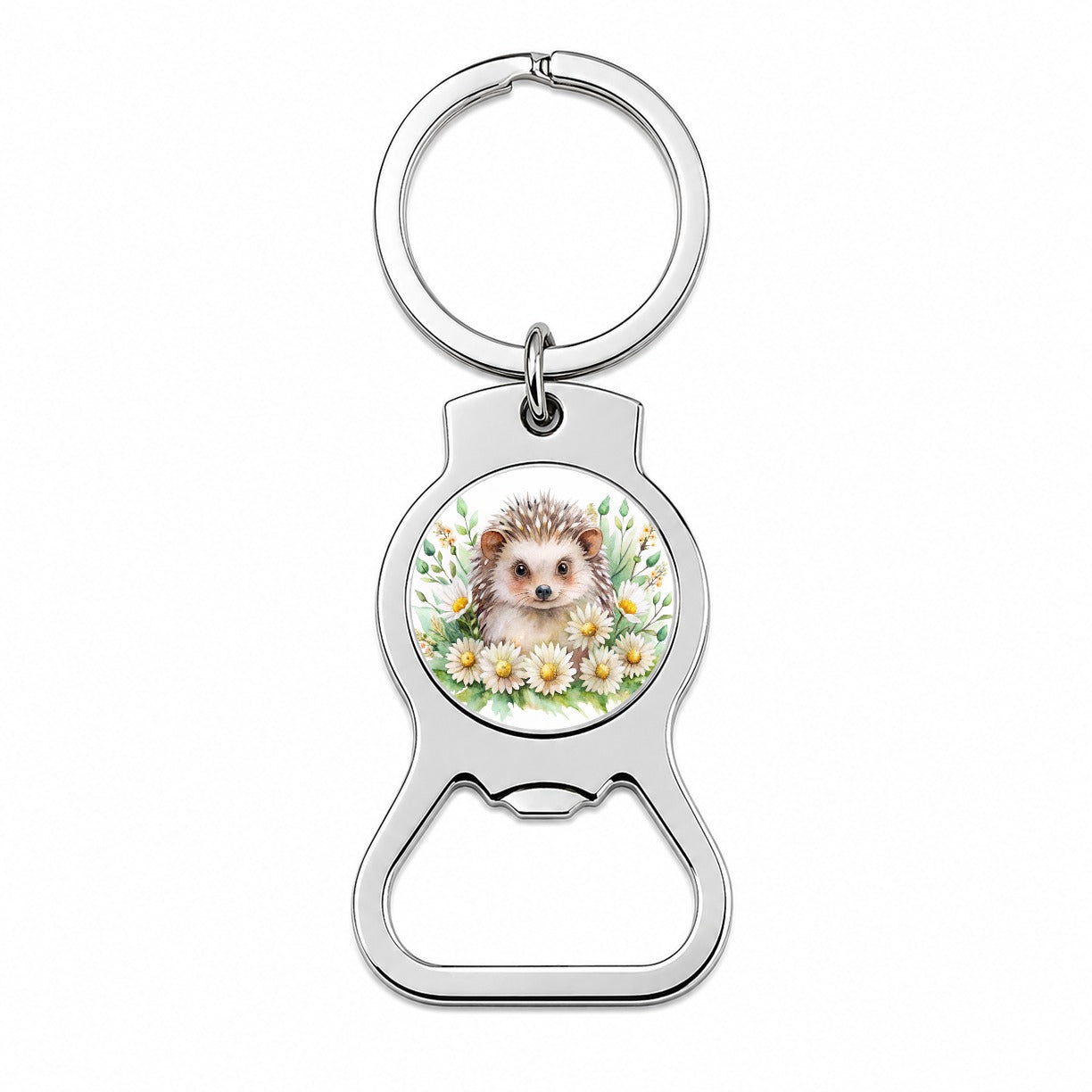 Hedgehog Watercolor Design With Daisies Bottle Opener Keychain