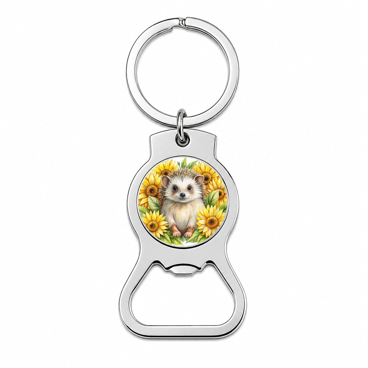 Hedgehog Watercolor Design With Sunflowers Bottle Opener Keychain