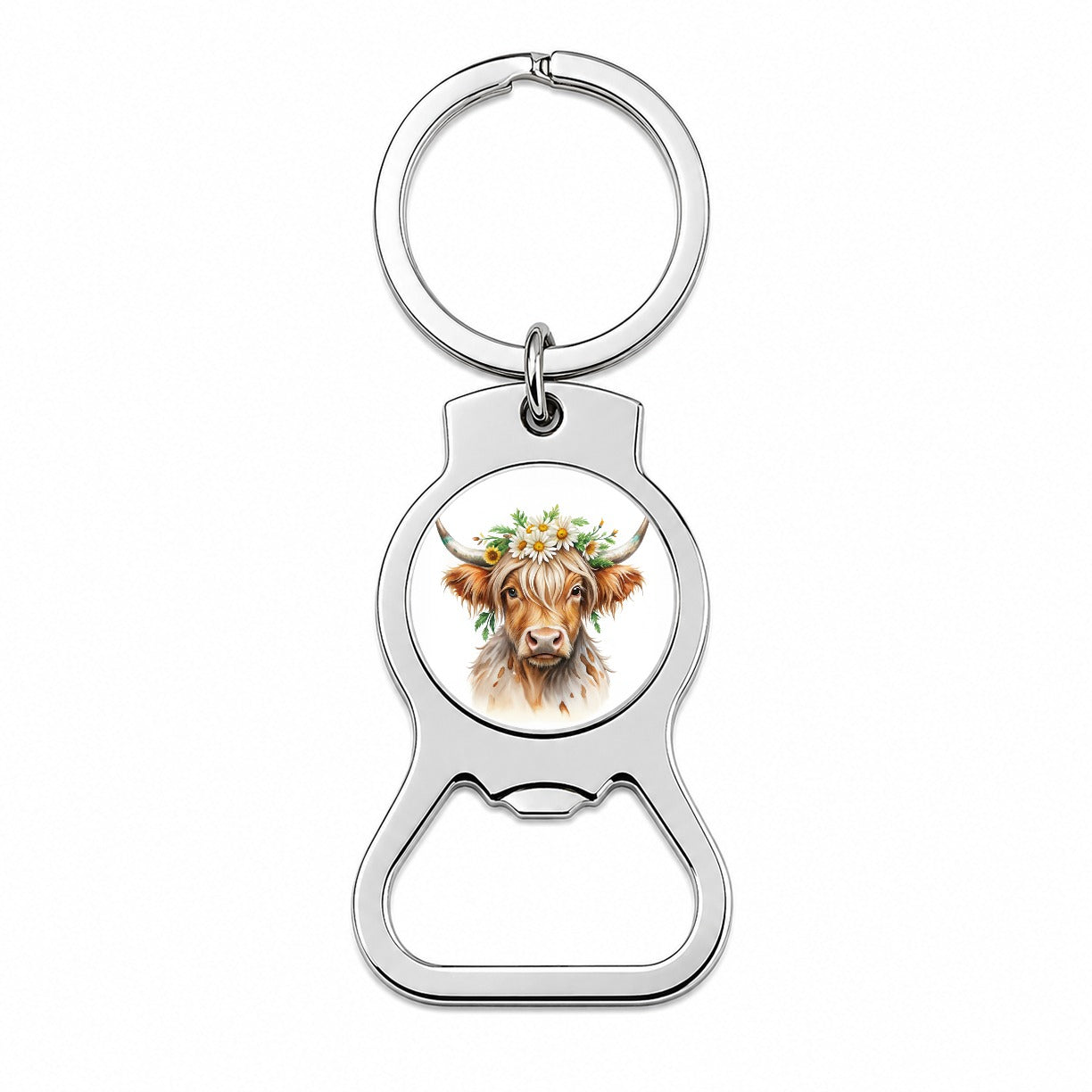Highland Cow Watercolor Design With Daisies Bottle Opener Keychain