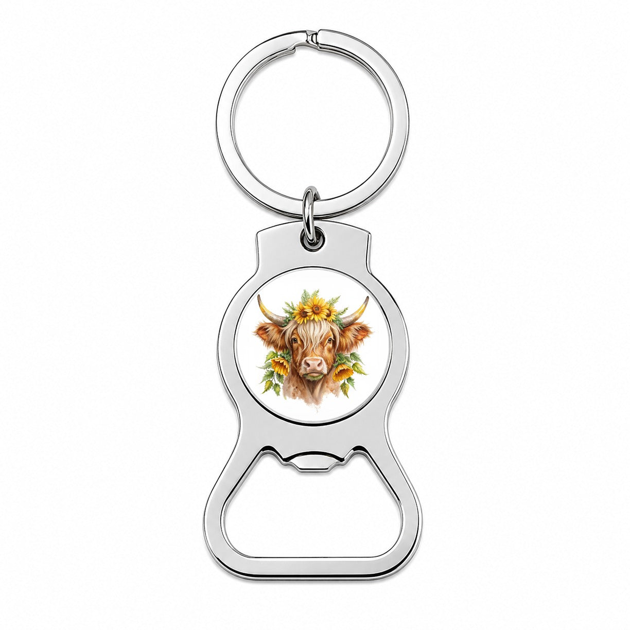 Highland Cow Watercolor Design With Sunflowers Bottle Opener Keychain