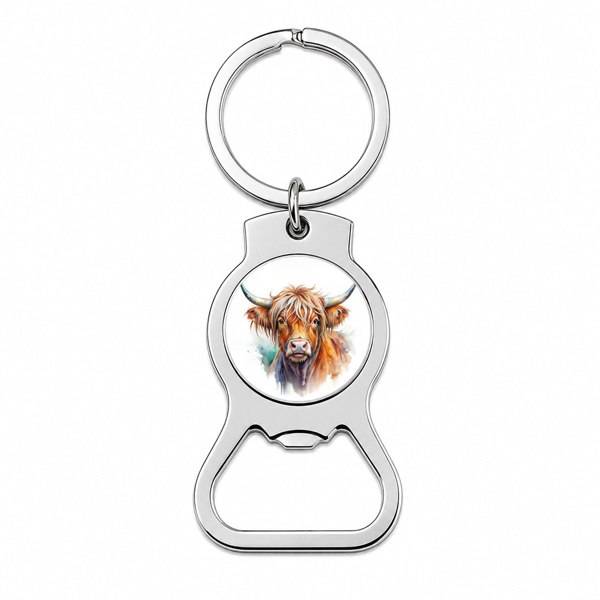 Highland Cow Watercolor Design Bottle Opener Keychain