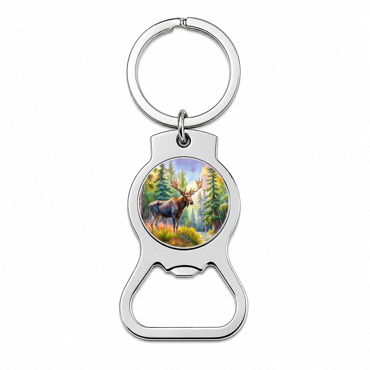 Moose In Forest Watercolor Bottle Opener Keychain