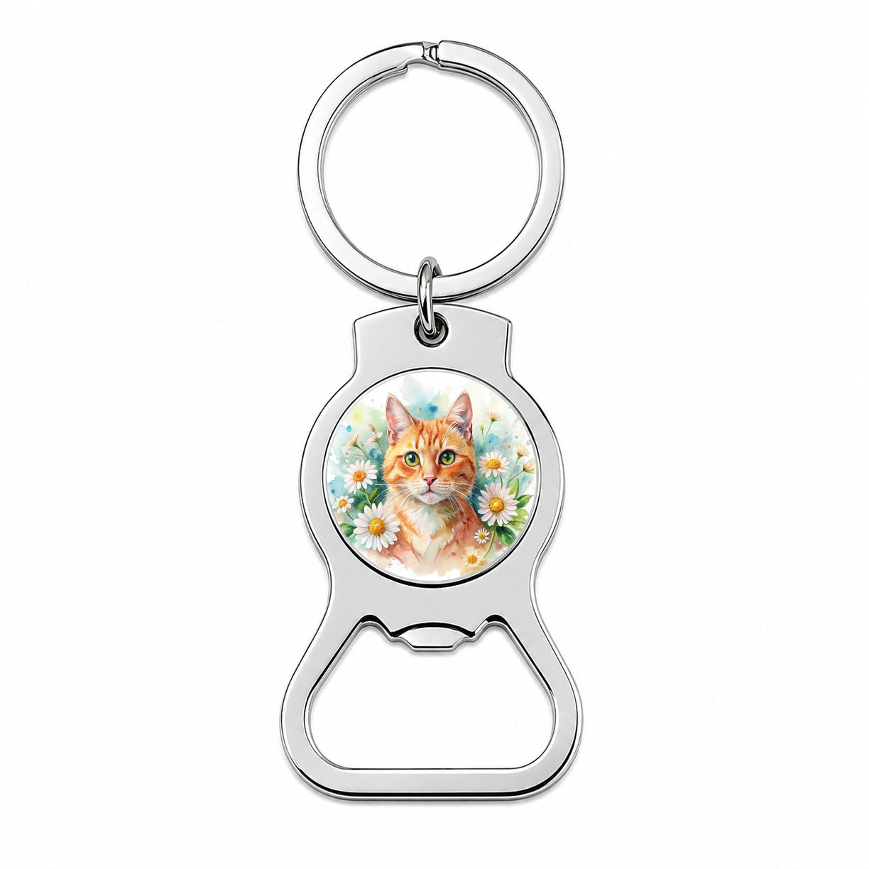 Orange Cat Watercolor Design With Daisies Bottle Opener Keychain