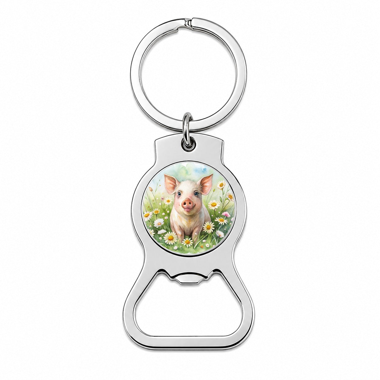 Pig In Daisies Watercolor Design Bottle Opener Keychain