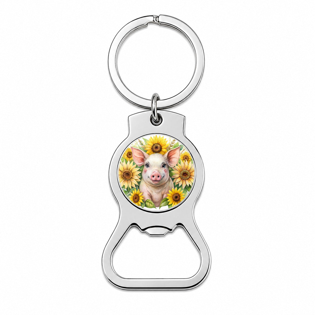 Pig In Sunflowers Watercolor Design Bottle Opener Keychain