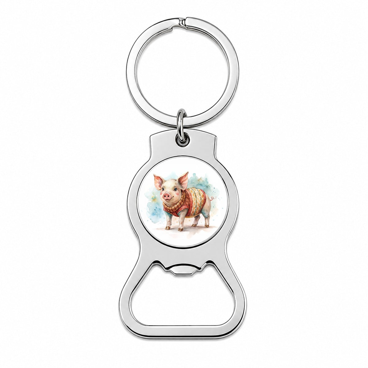Pig Wearing A Sweater Watercolor Bottle Opener Keychain