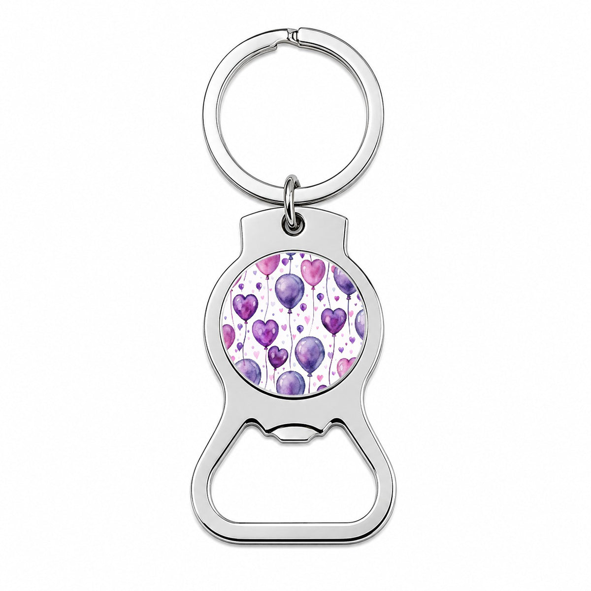 Purple Balloons Hearts Watercolor Birthday Bottle Opener Keychain