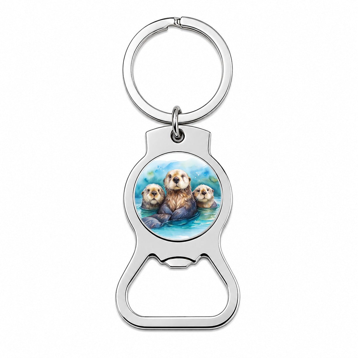 Sea Otters Watercolor Design Bottle Opener Keychain