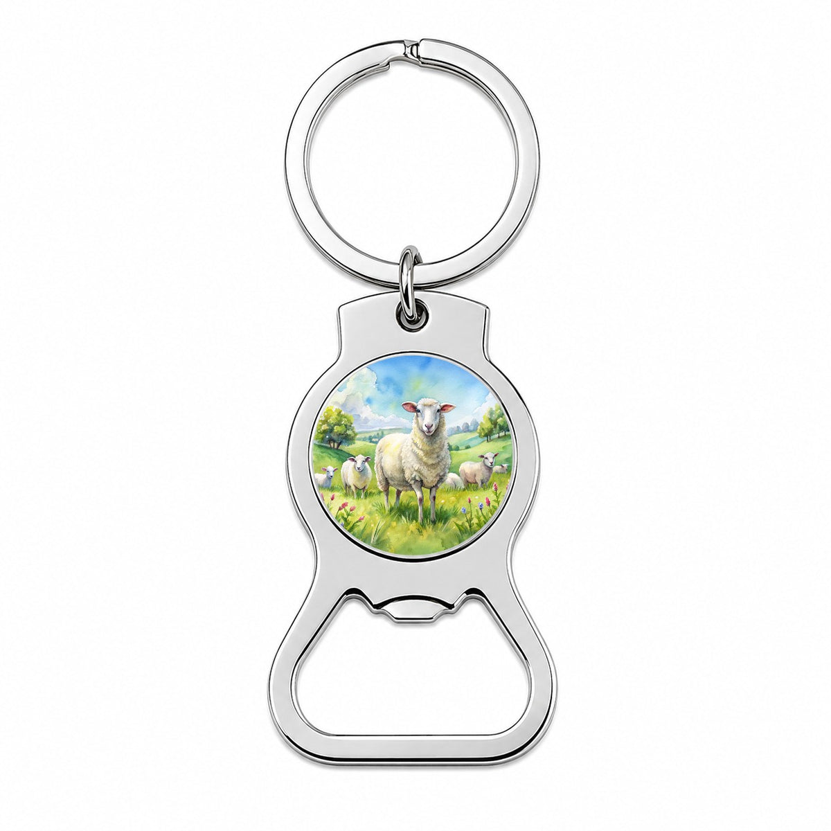 Sheep In Meadow Watercolor Design Bottle Opener Keychain