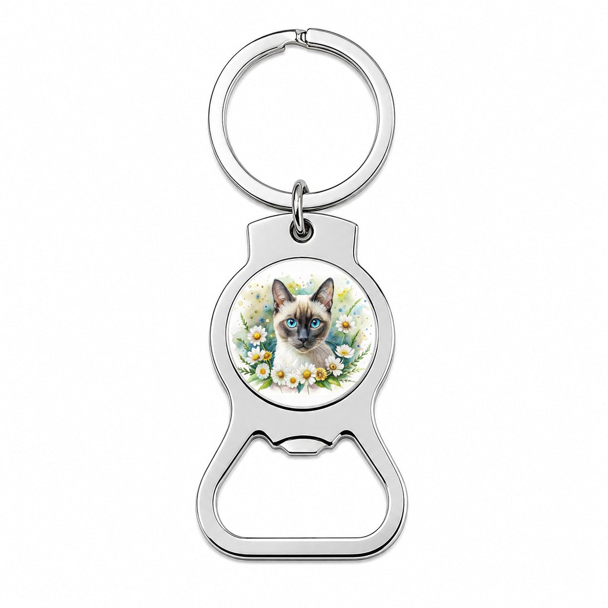 Siamese Cat Watercolor Design With Daisies Bottle Opener Keychain