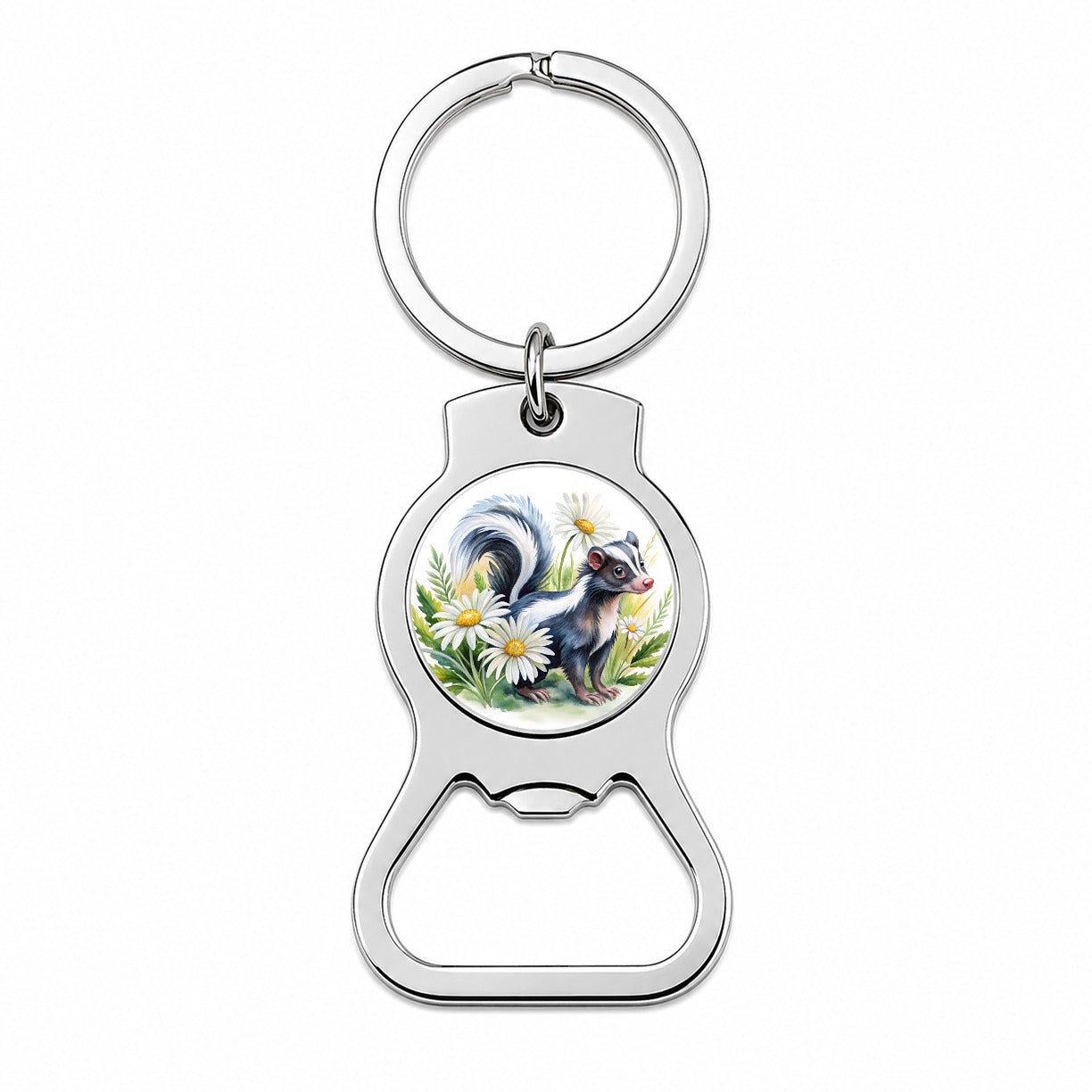 Skunk Watercolor Design With Daisies Bottle Opener Keychain