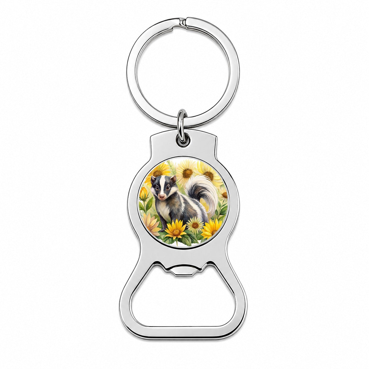 Skunk Watercolor Design With Sunflowers Bottle Opener Keychain