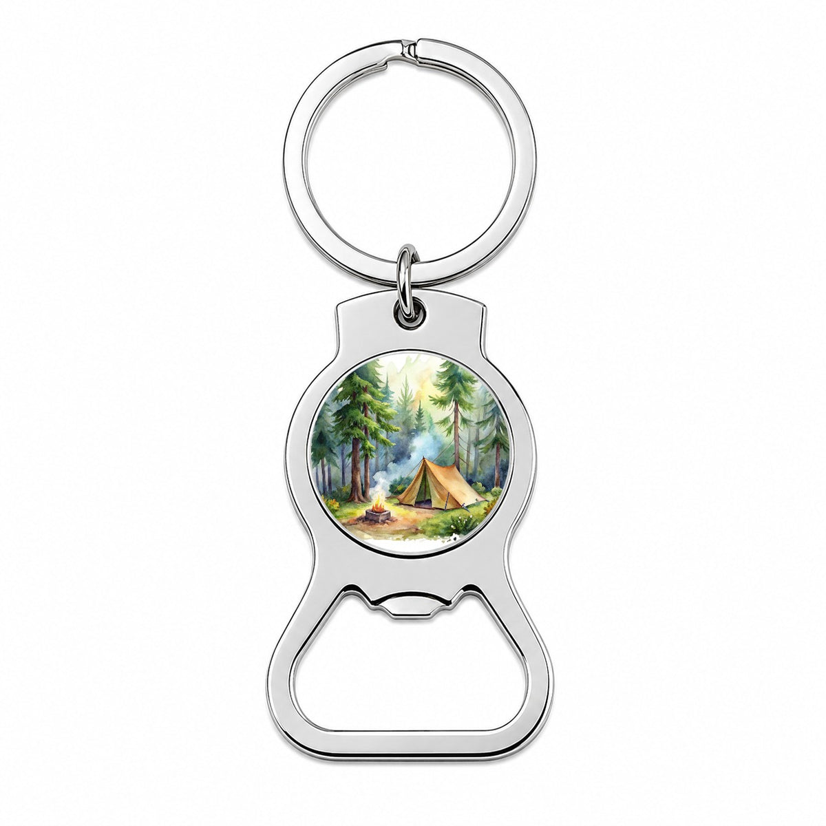 Solo Camping In Forest Watercolor Design Bottle Opener Keychain