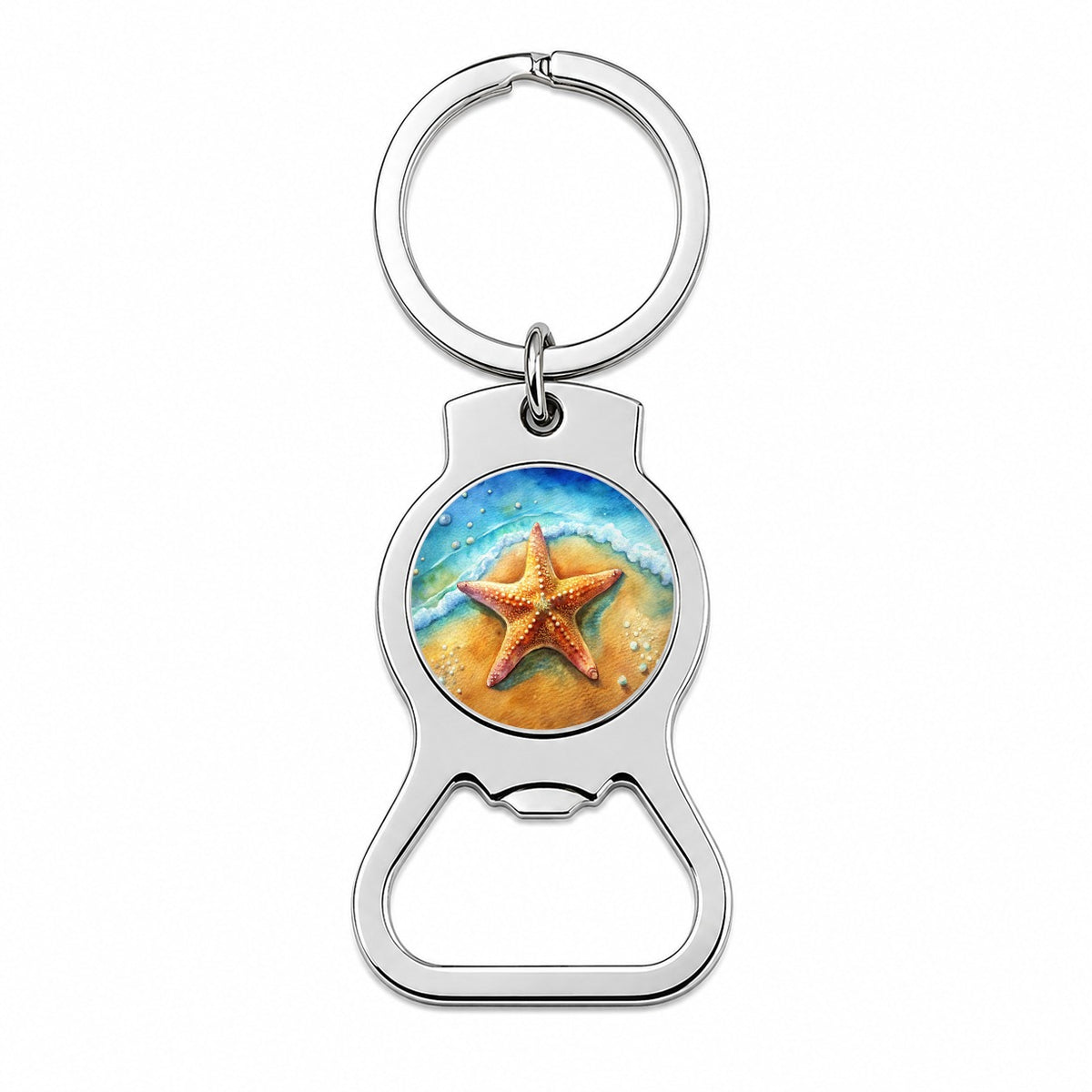 Starfish Sand Watercolor Design Bottle Opener Keychain