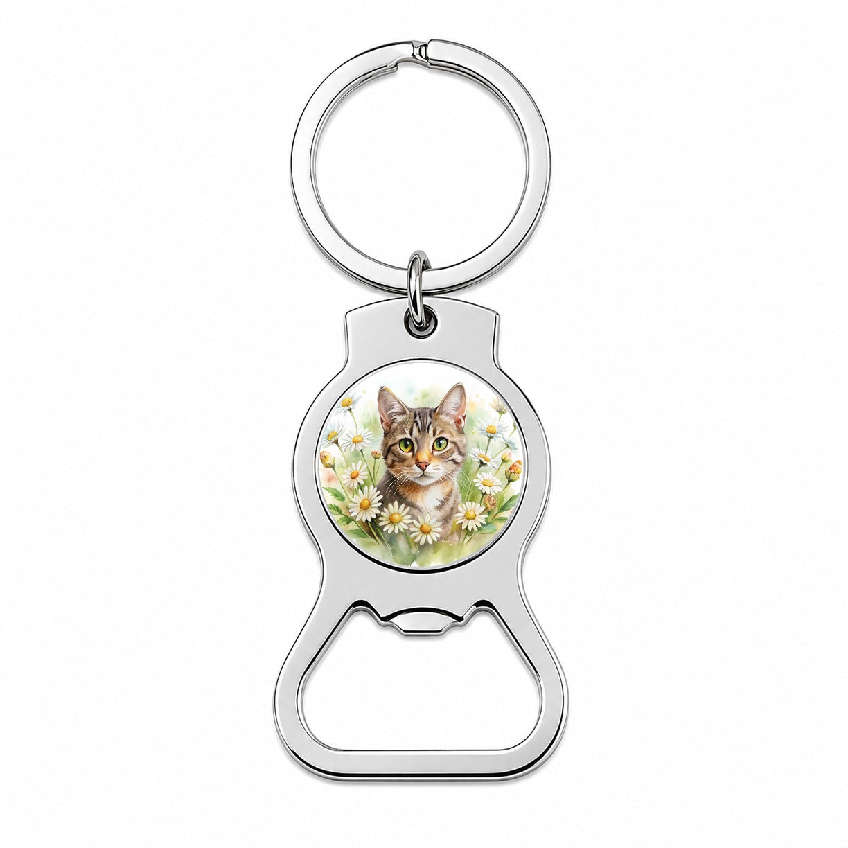 Tabby Cat Watercolor Design With Daisies Bottle Opener Keychain