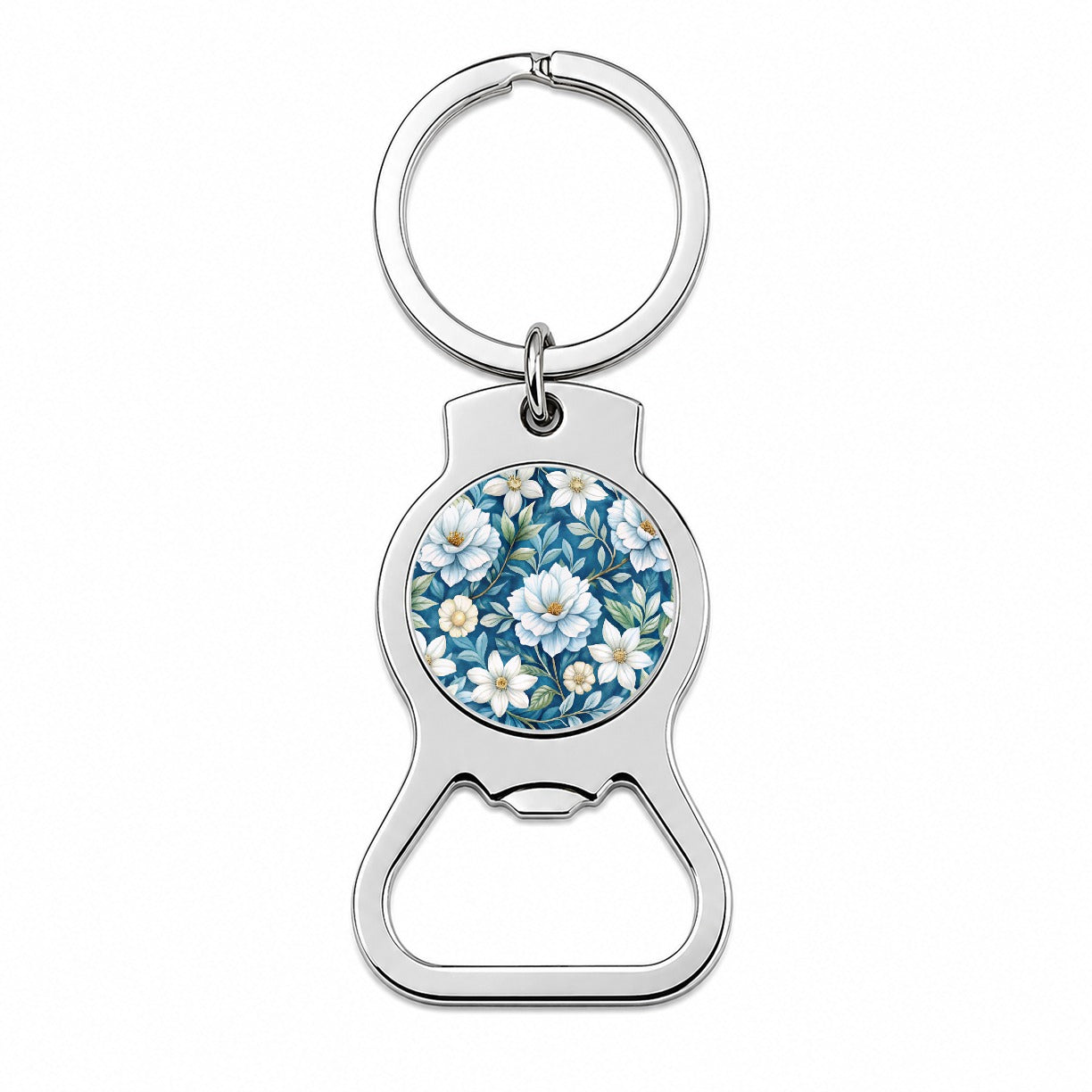 White Flowers Blue Background Bottle Opener Keychain