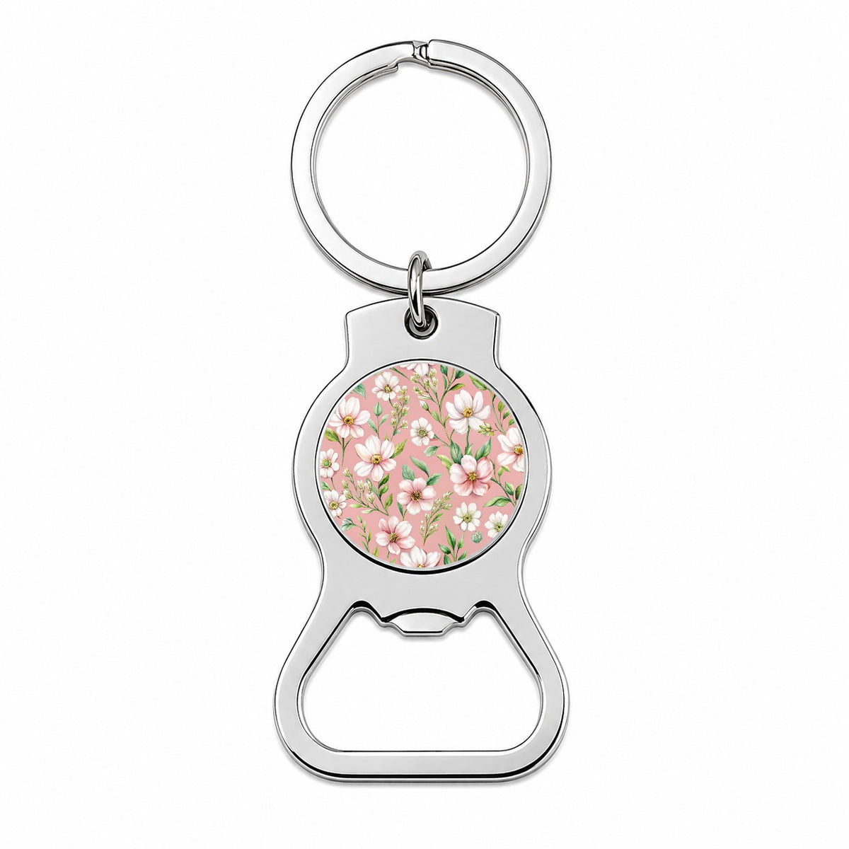 White Flowers Pink Background Bottle Opener Keychain