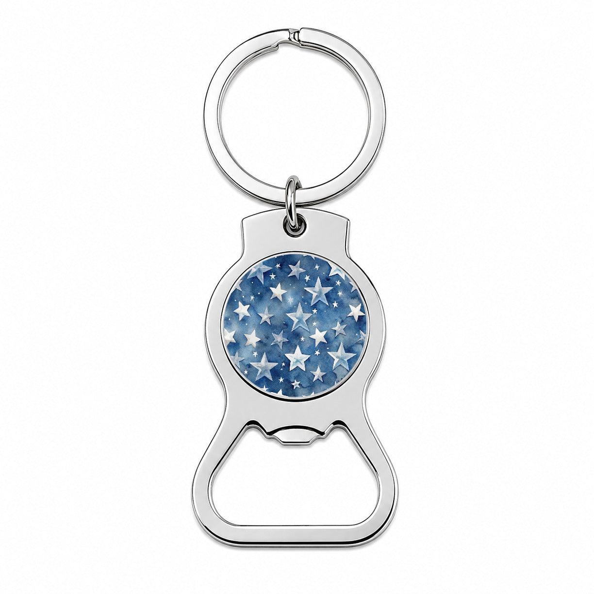 White Stars Blue Background Watercolor Bottle Opener Keychain
