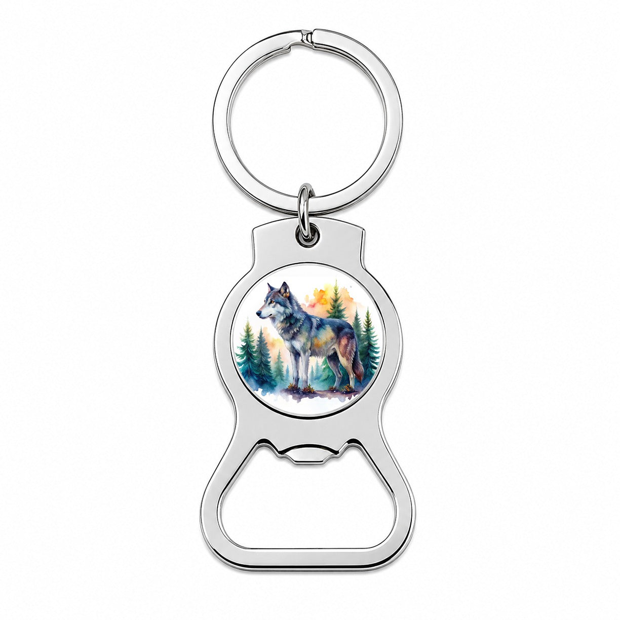 Wolf In Forest Watercolor Design Bottle Opener Keychain