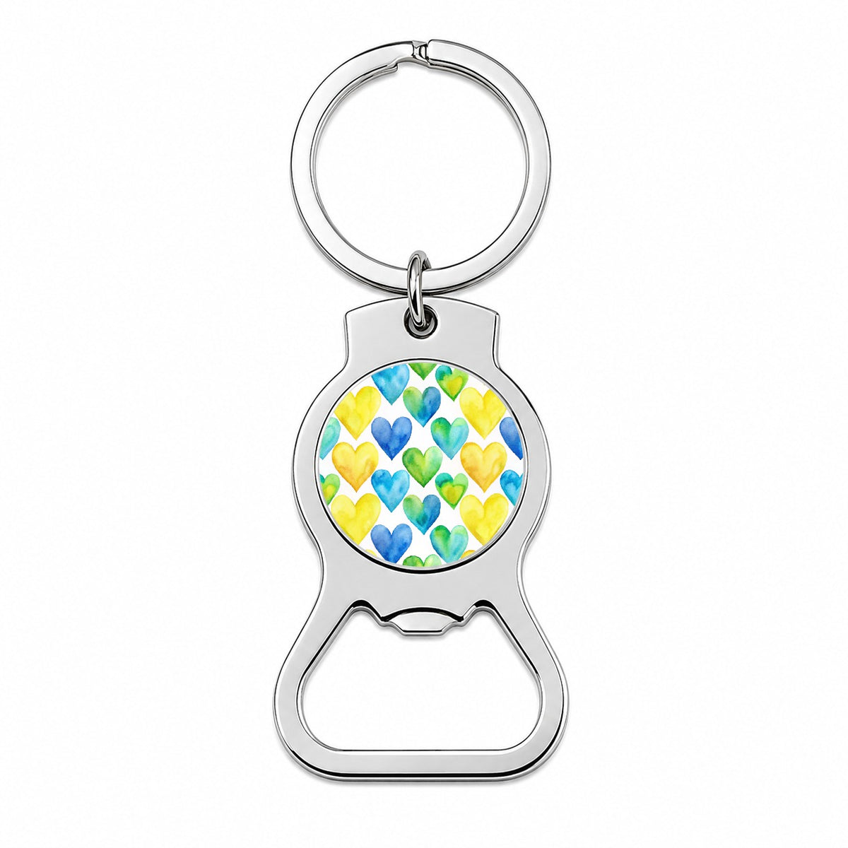 Yellow Blue Green Hearts Watercolor Bottle Opener Keychain
