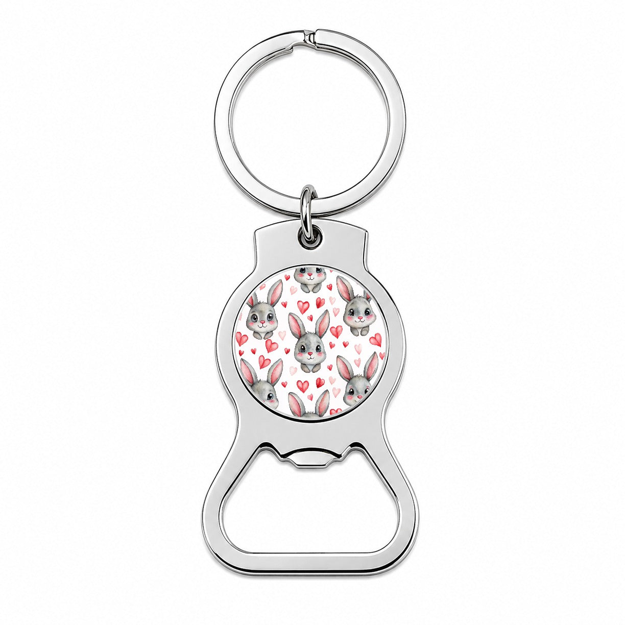 Adorable Gray Bunnies And Hearts Bottle Opener Keychain