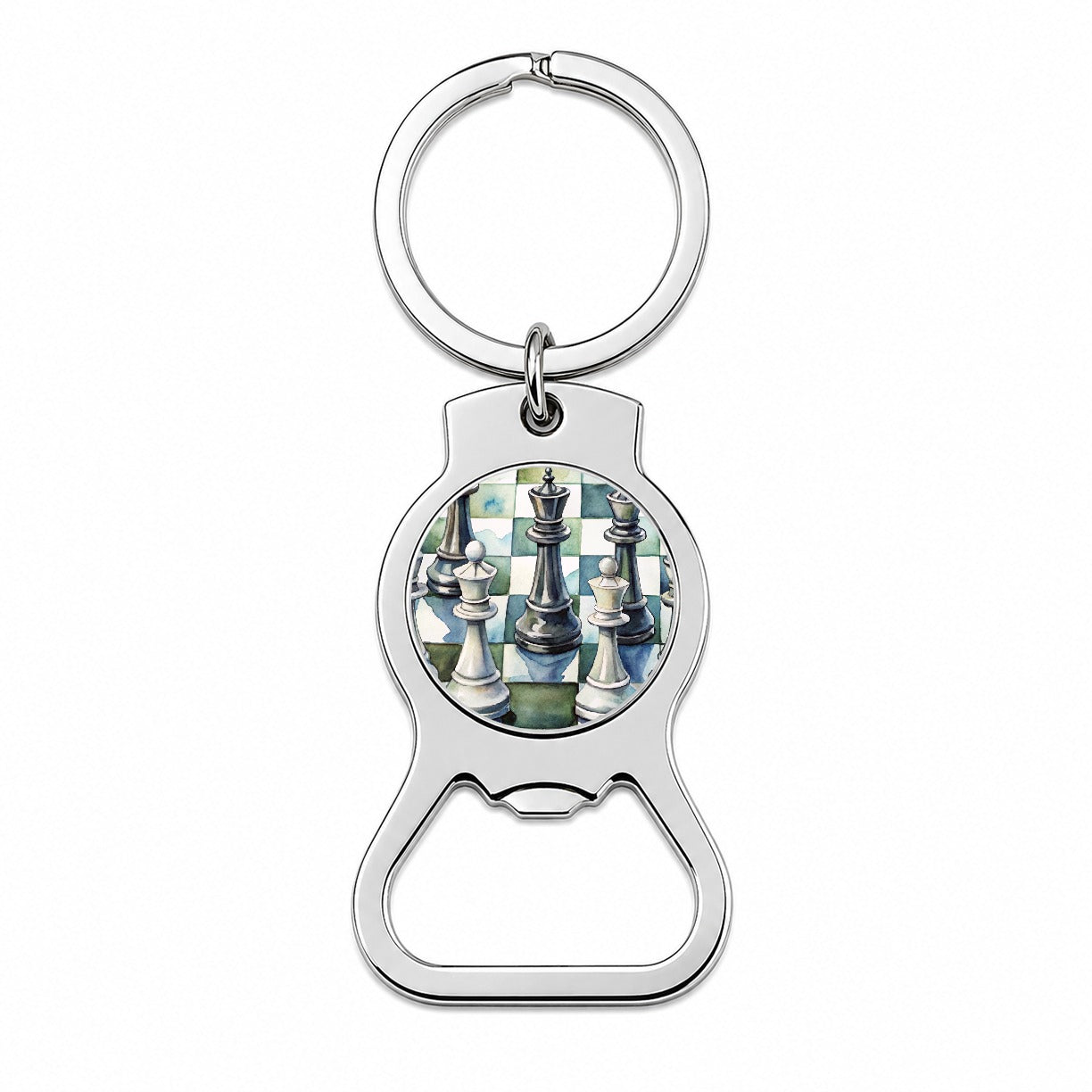 Black White Chess Pieces Watercolor Bottle Opener Keychain