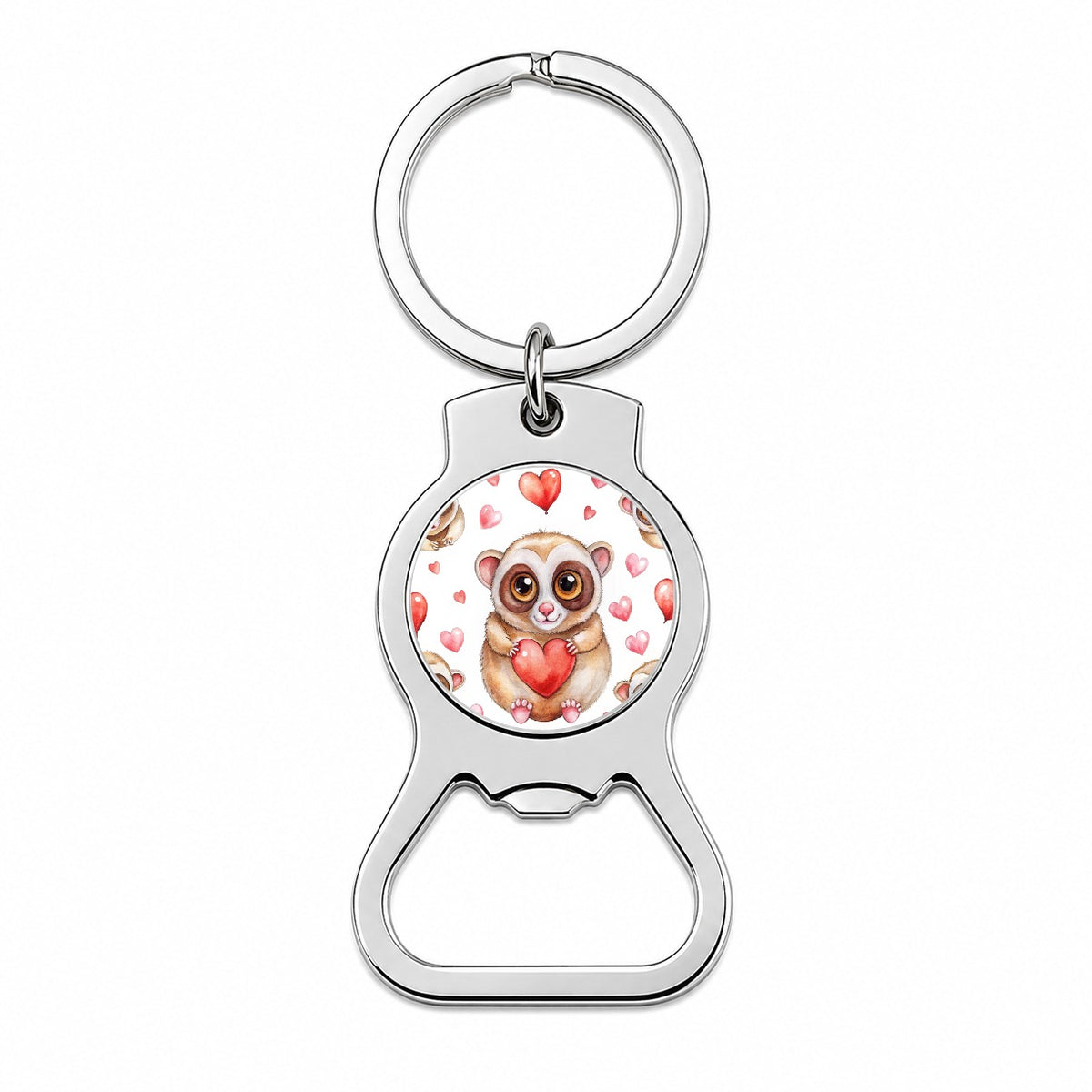 Chibi Slow Loris And Hearts Watercolor Bottle Opener Keychain