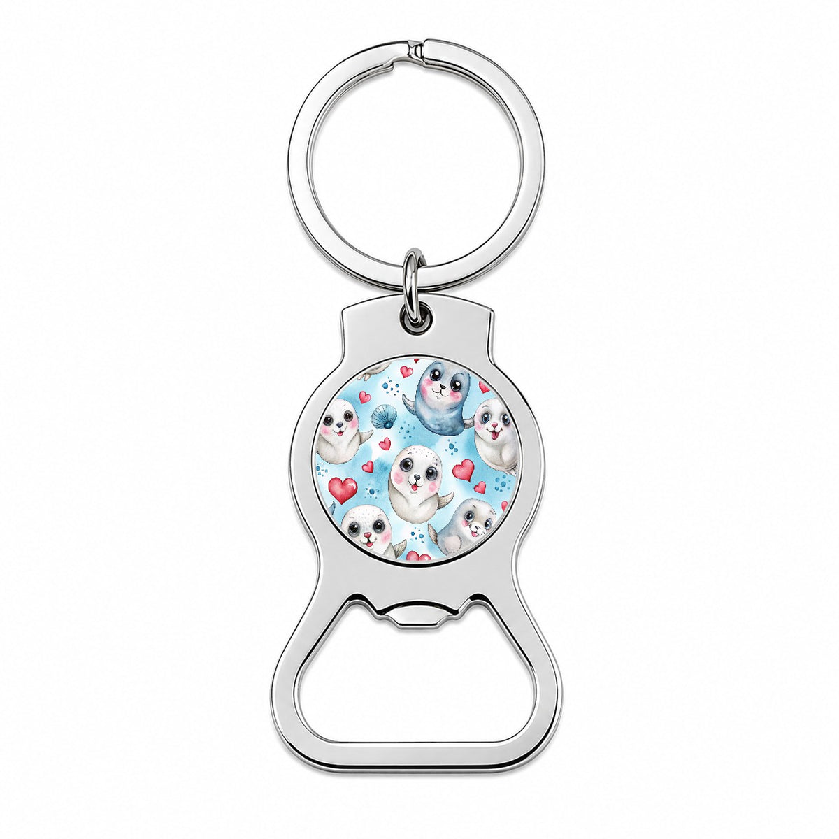 Cute Harp Seals And Hearts Watercolor Bottle Opener Keychain