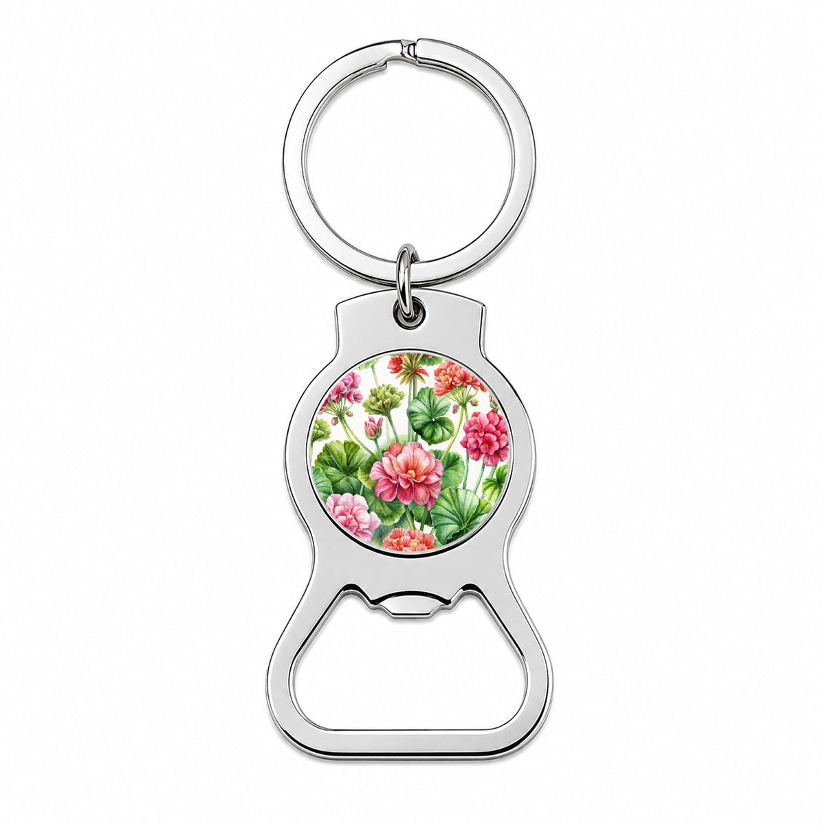 Geraniums Flowers Watercolor Bottle Opener Keychain