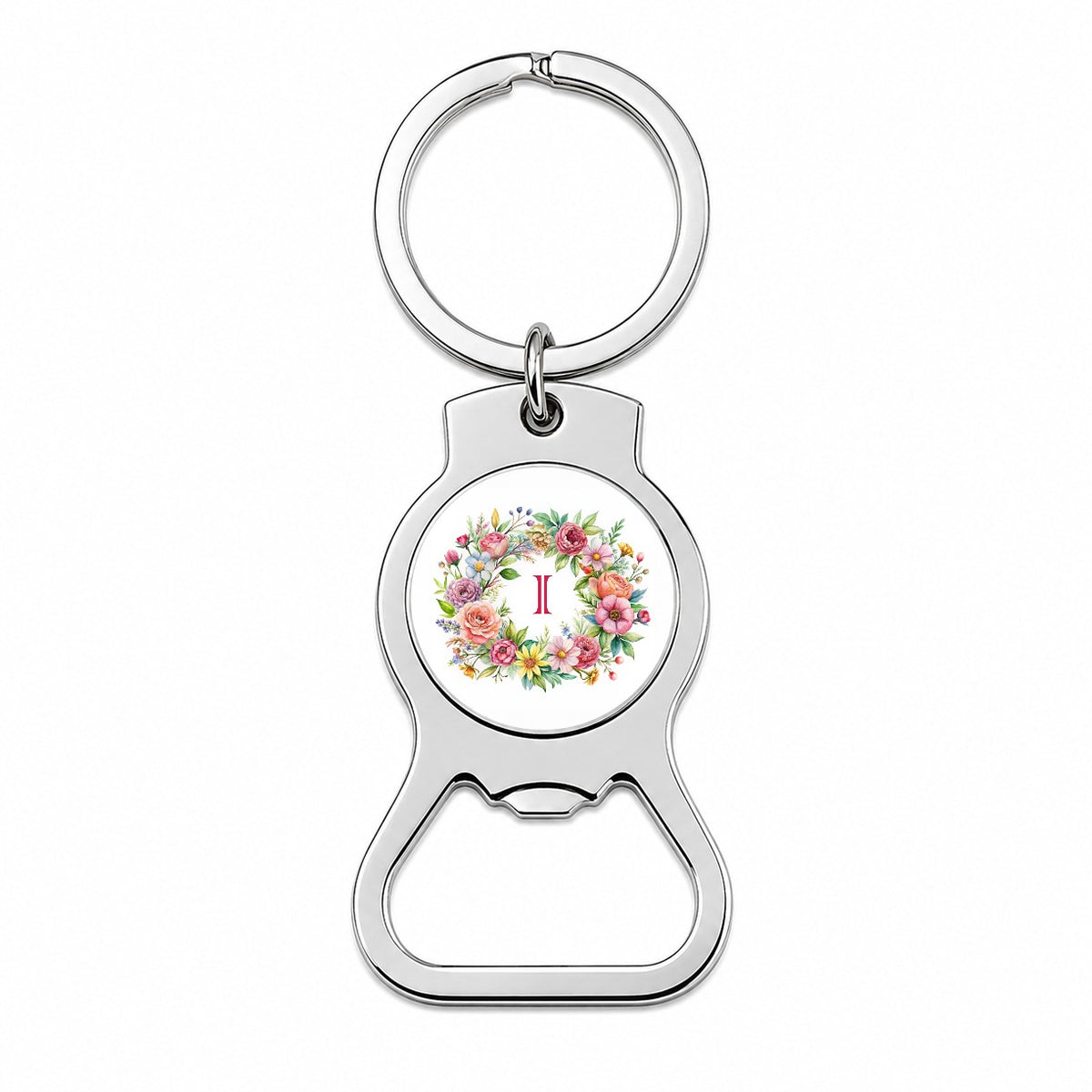 Letter I Initial Monogram Flowers Floral Bottle Opener Keychain