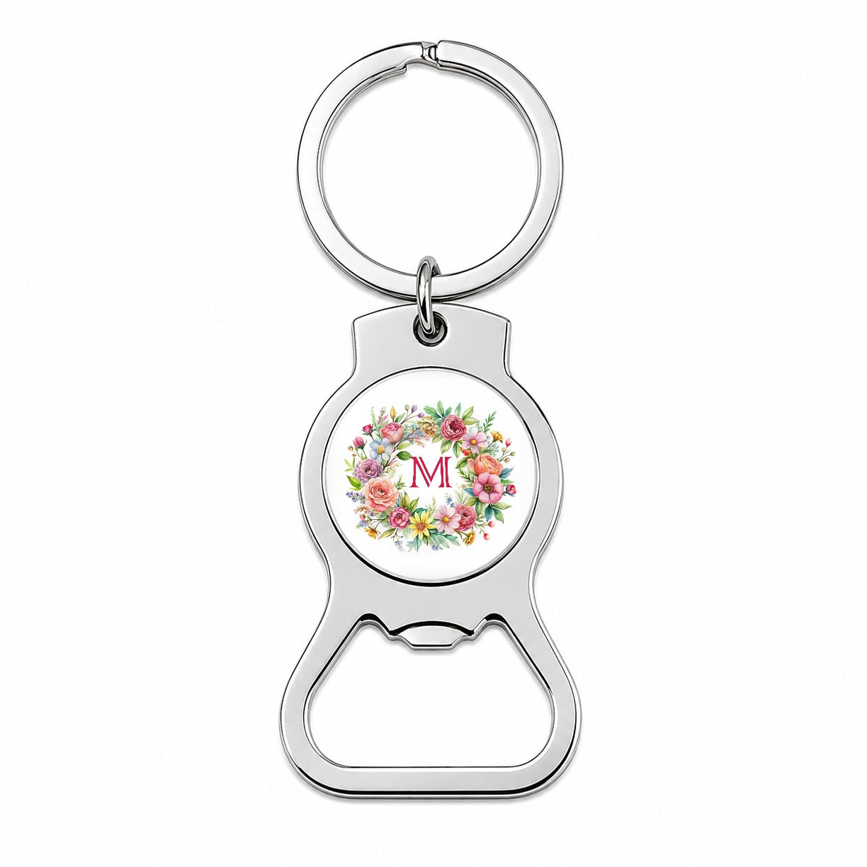 Letter M Initial Monogram Flowers Floral Bottle Opener Keychain