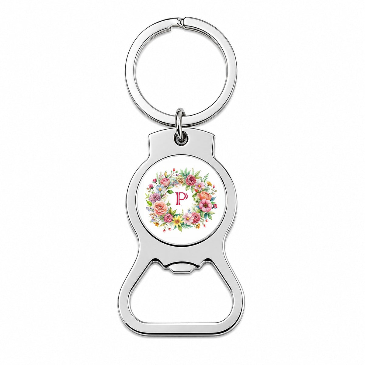 Letter P Initial Monogram Flowers Floral Bottle Opener Keychain