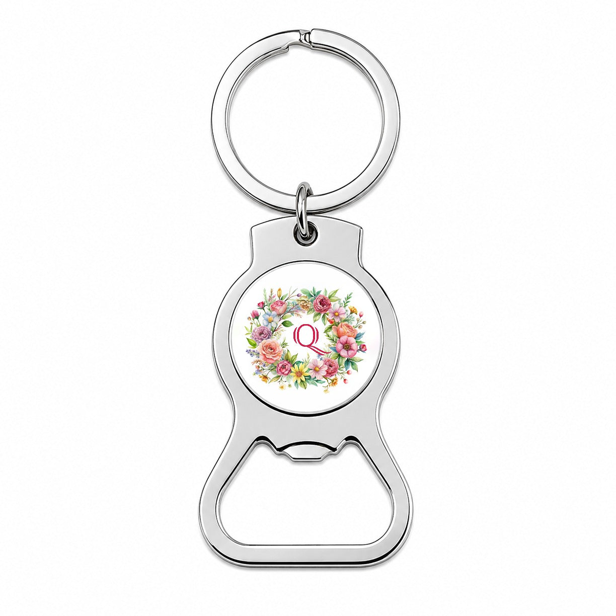 Letter Q Initial Monogram Flowers Floral Bottle Opener Keychain