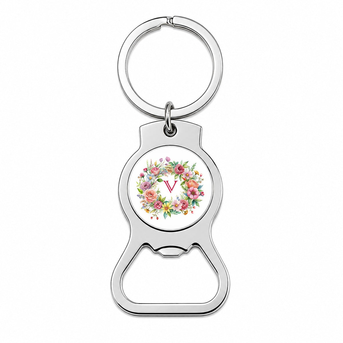 Letter V Initial Monogram Flowers Floral Bottle Opener Keychain