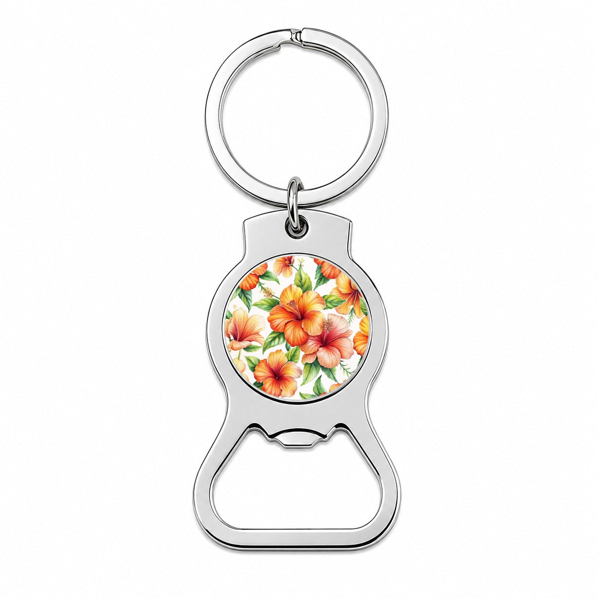 Orange Hibiscus Flowers Watercolor Bottle Opener Keychain