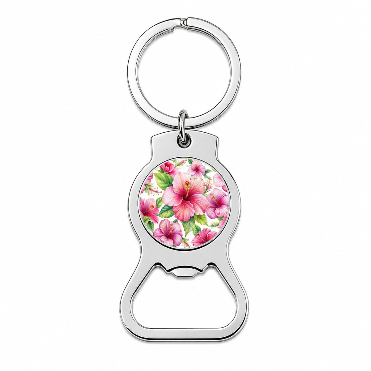 Pink Hibiscus Tropical Flowers Watercolor Bottle Opener Keychain