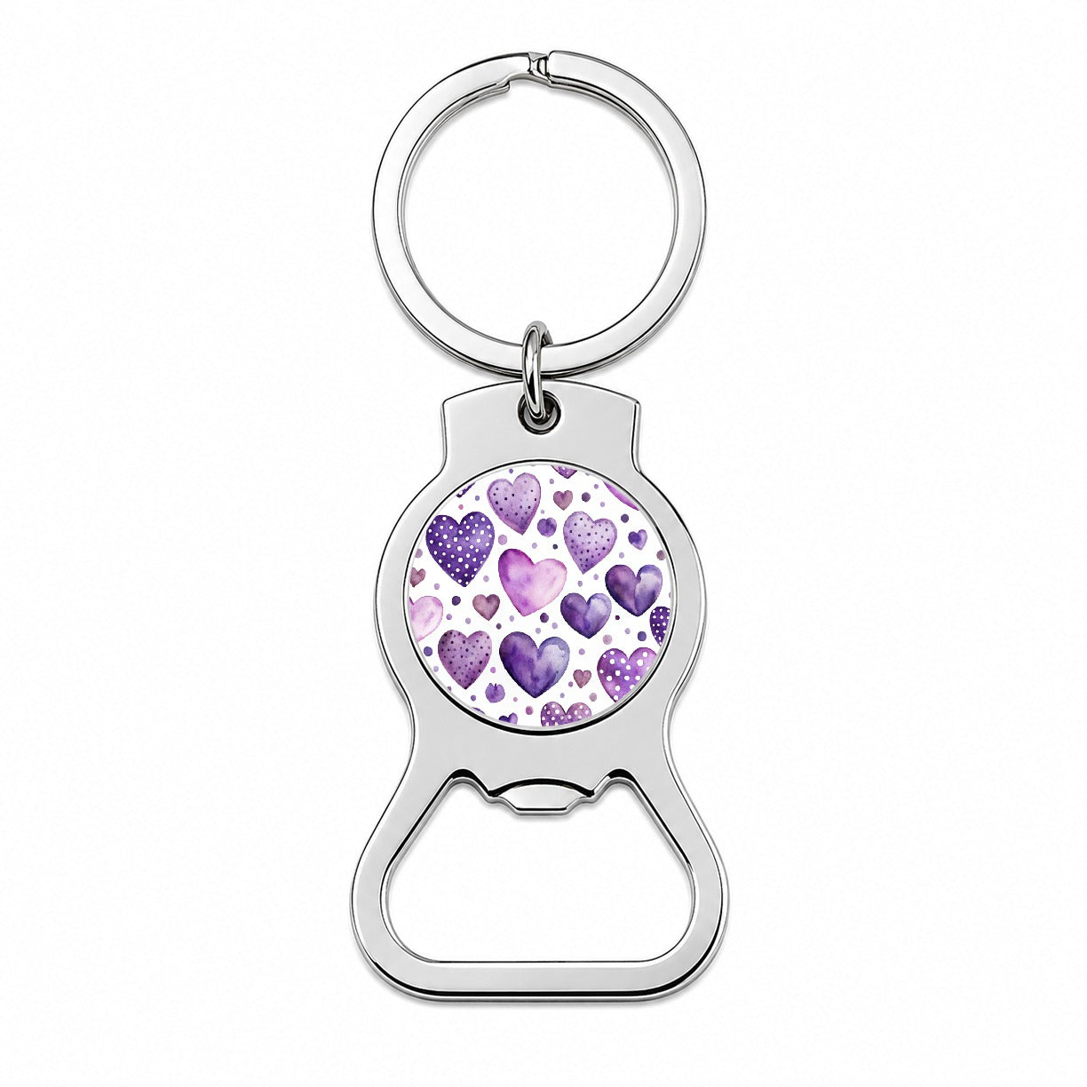 Purple Hearts Polka Dots Watercolor Bottle Opener Keychain