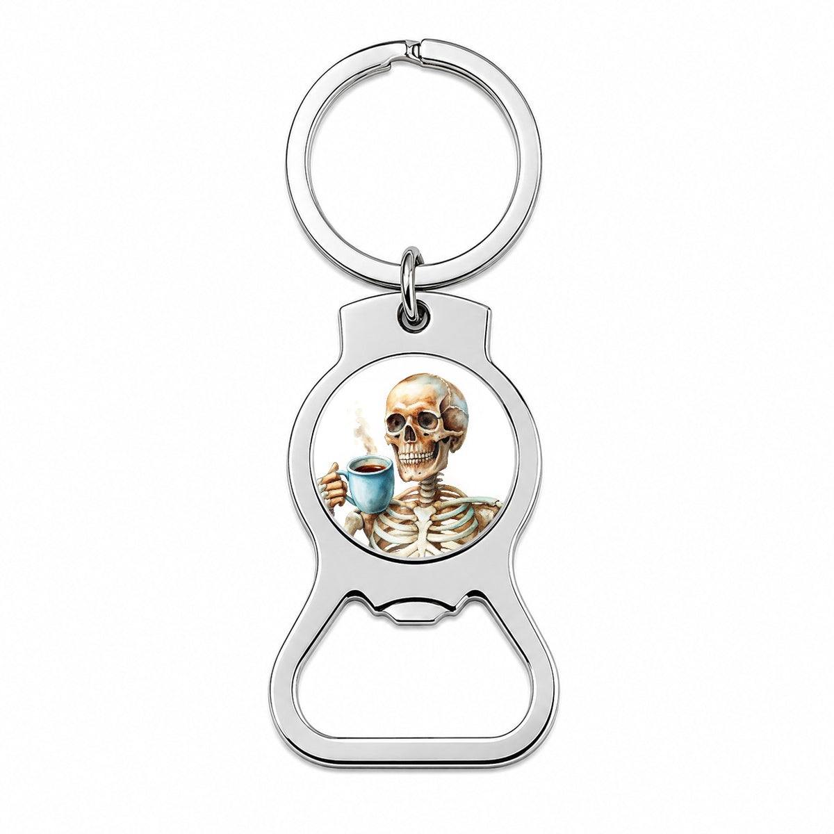 Skeleton Drinking Coffee Watercolor Bottle Opener Keychain