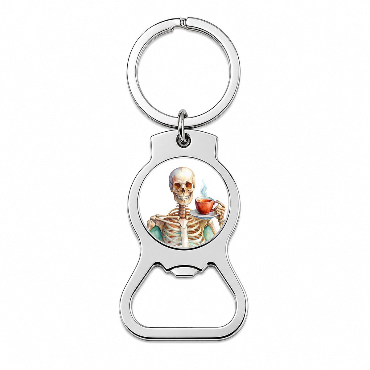 Skeleton Drinking Tea Watercolor Bottle Opener Keychain