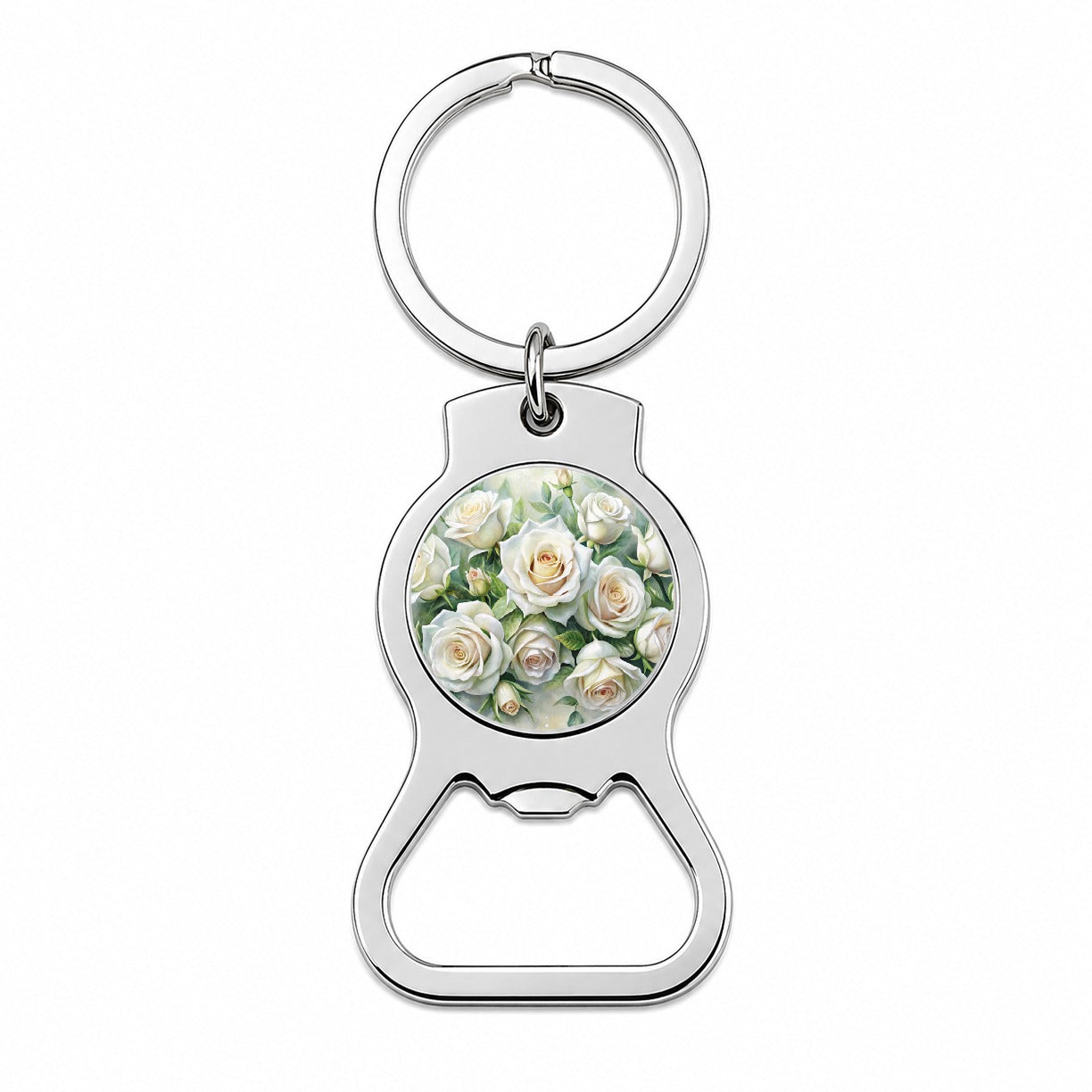 White Roses Flowers Watercolor Bottle Opener Keychain