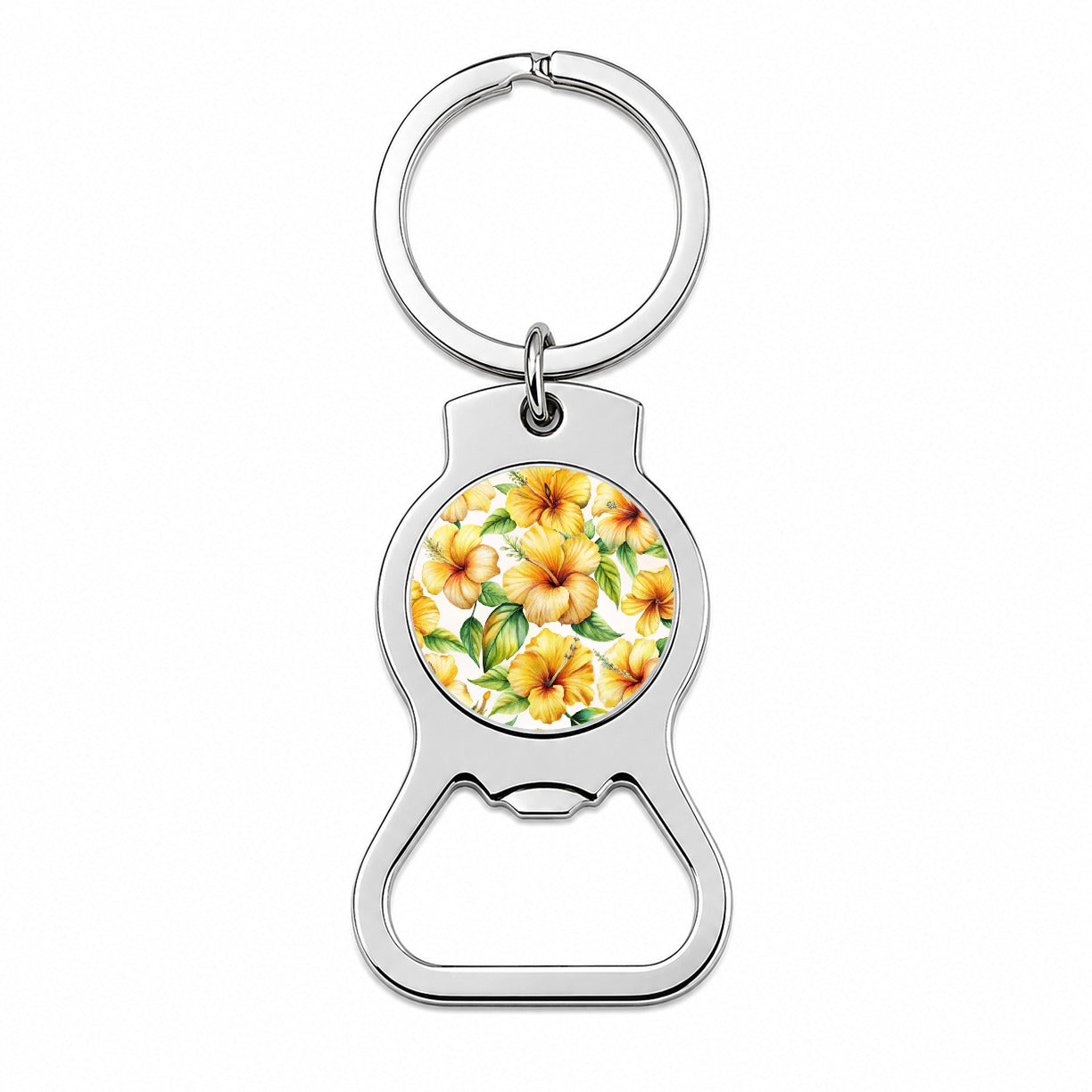 Yellow Hibiscus Flowers Watercolor Bottle Opener Keychain