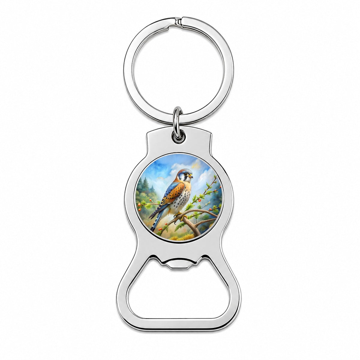 American Kestrel Raptor Bird Of Prey In Tree Scene Watercolor Bottle Opener Keychain
